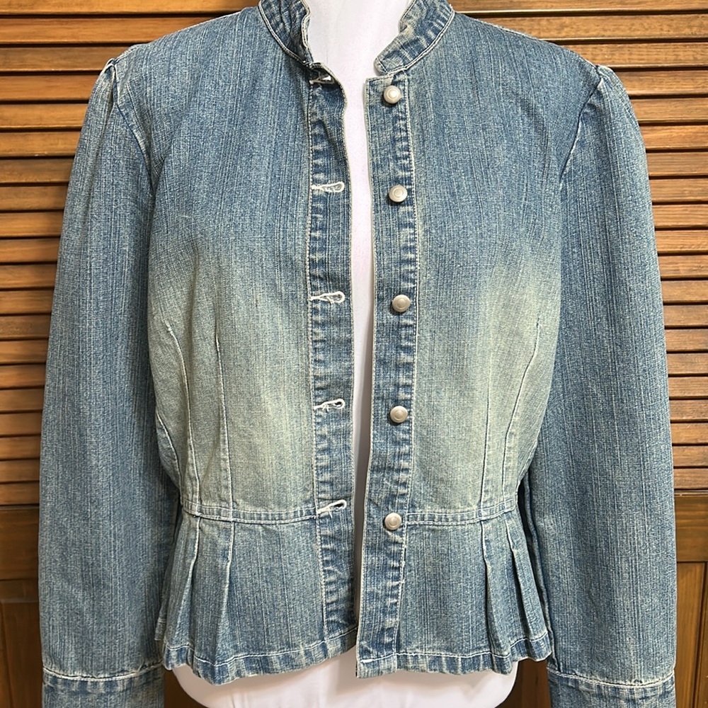 Crossing Pointe Distressed Peplum Denim Jean Jacket Size M